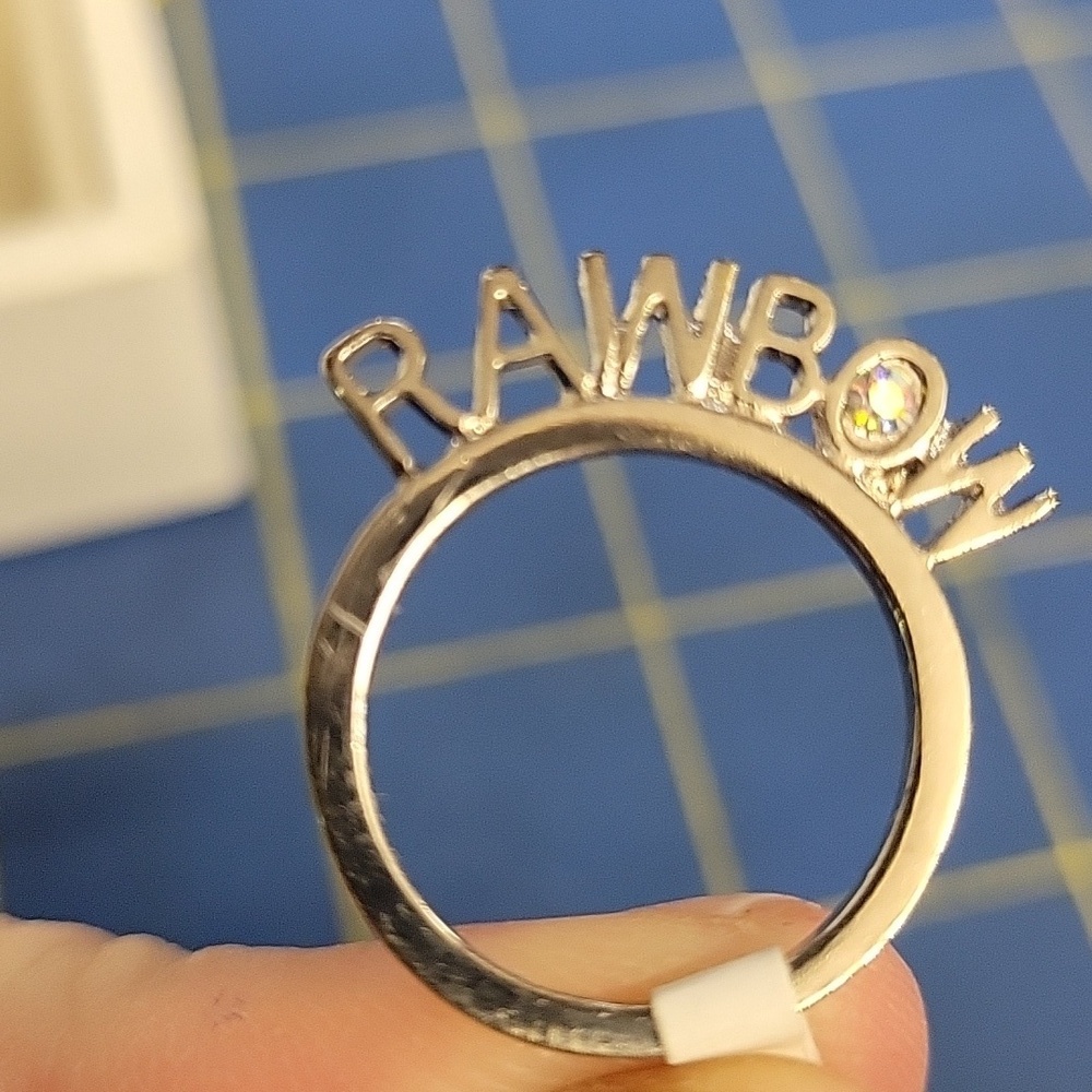 Rainbow Silver Tone with Single Rhinestone Ring Size 6